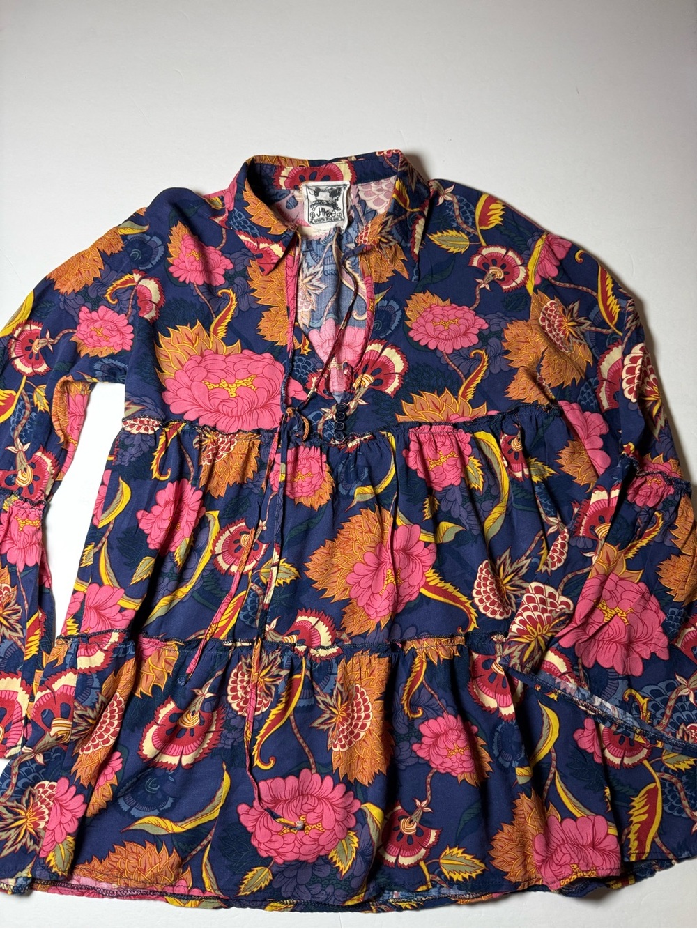 Jaase Floral Babydoll Blouse Size S Navy Pink Boho Tiered Bell Sleeve Top